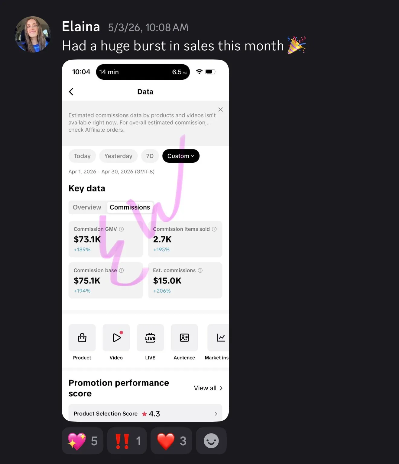 Elaina — $15,000 in commissions