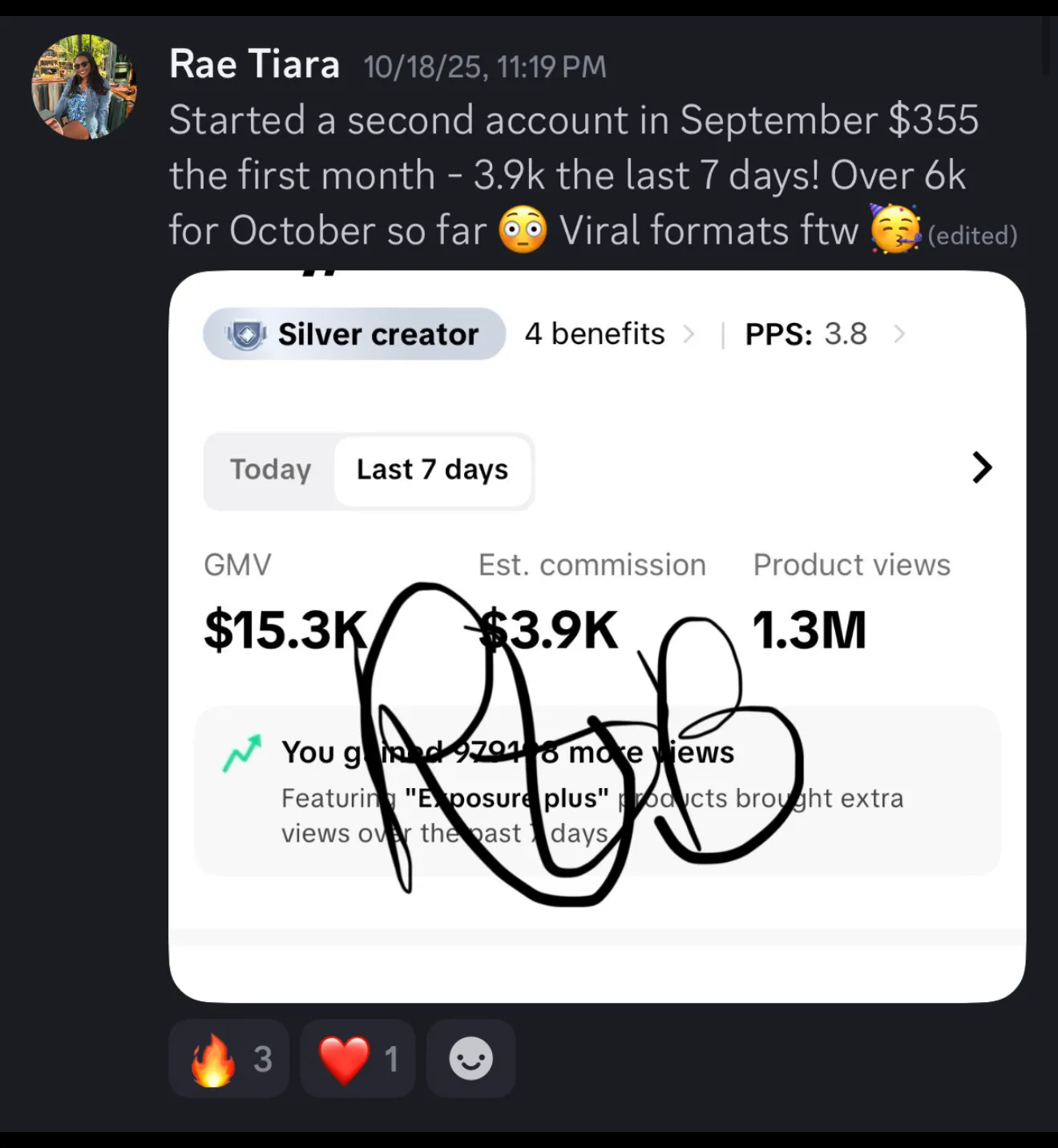Rae — $355 first month → $3,900 in the last 7 days