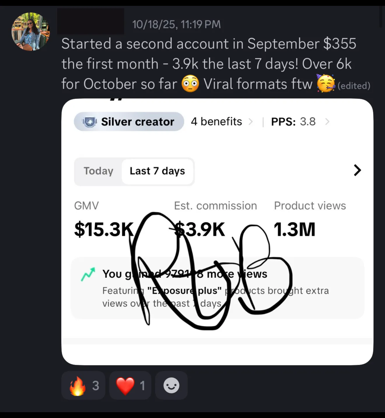 $355 in her first month to $3,900 in the last 7 days