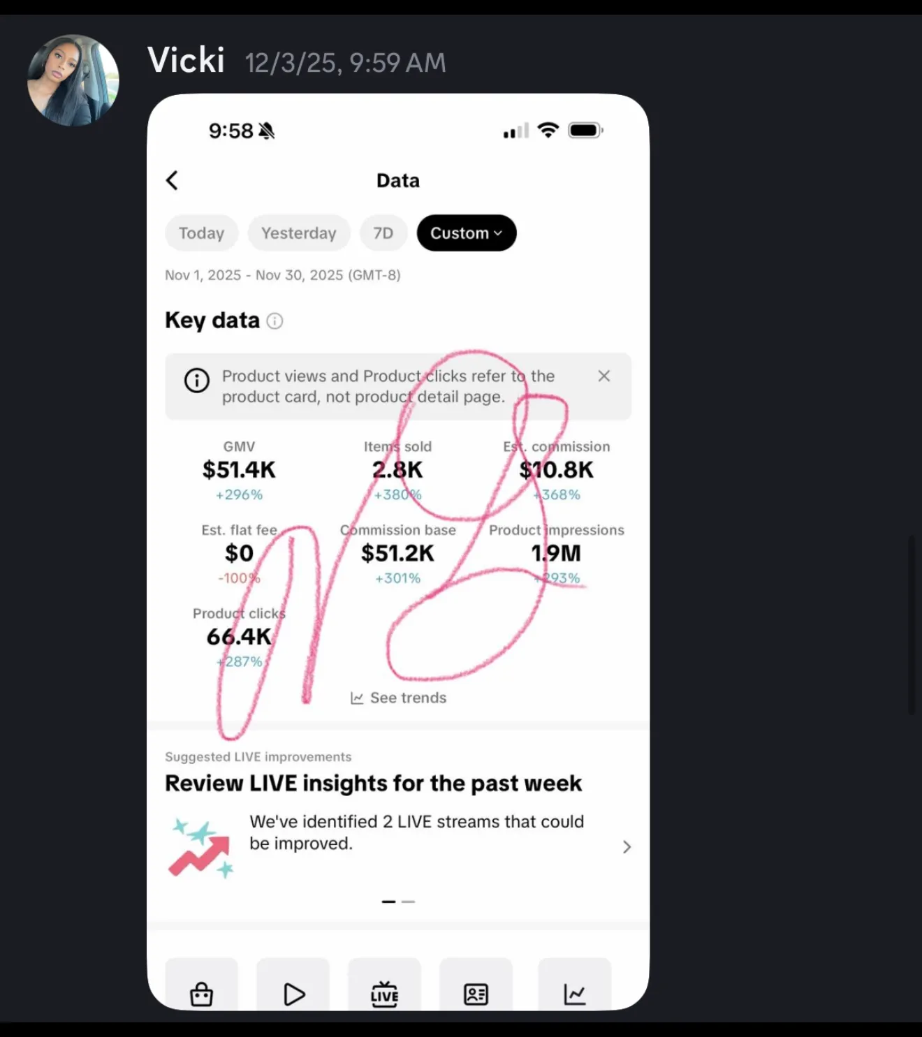 Vicki — $10,800 in commissions off $51.4K GMV
