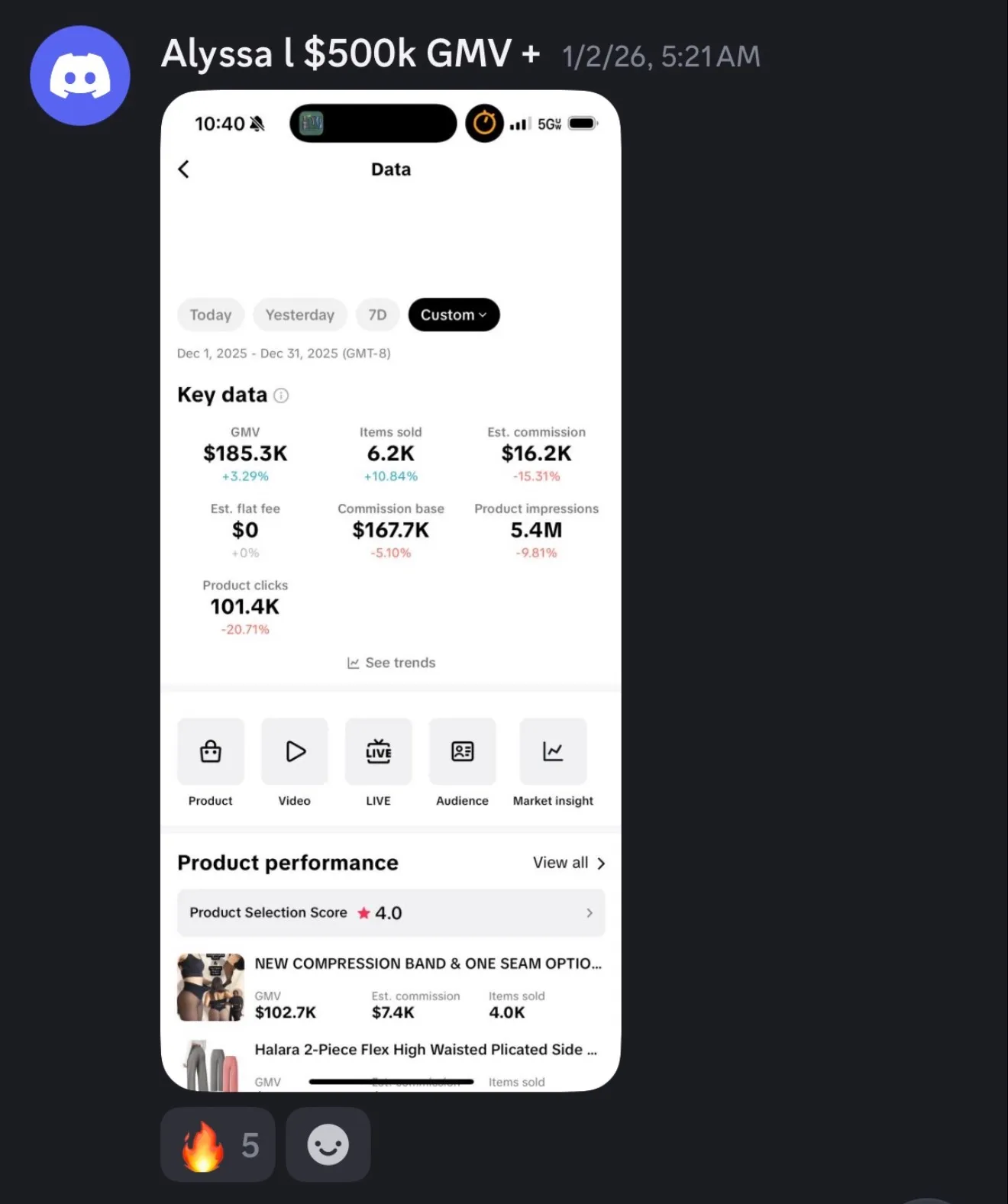 Alyssa — $16,200 in commissions off $185.3K GMV