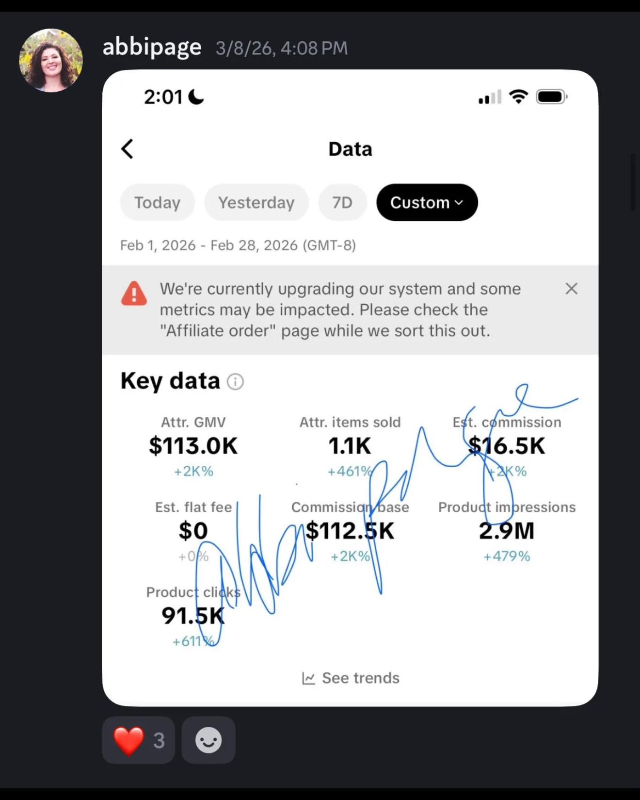 Abby — $16,500 in commissions off $113K GMV