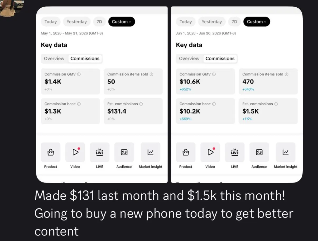 TikTok Shop Creator — $131 → $1,500 in a month